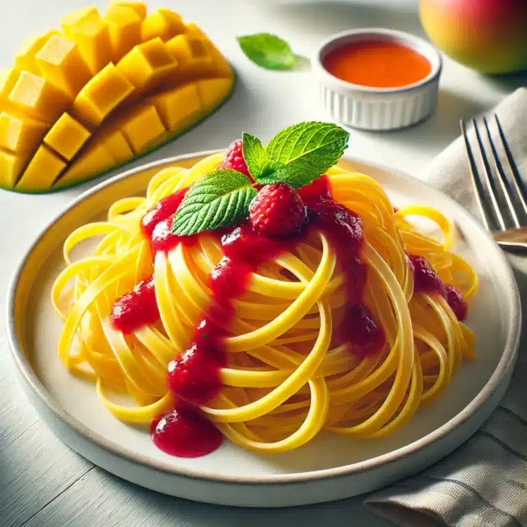 Cuisine Veggie : spaghetti de mangue avec sa sauce framboise pour crudivore et frugivore