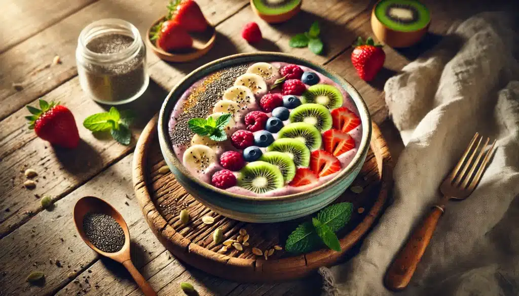 Cuisine Veggie : smoothie bowl fruits rouges et banane, recette végétarienne, frugivore, crudivore